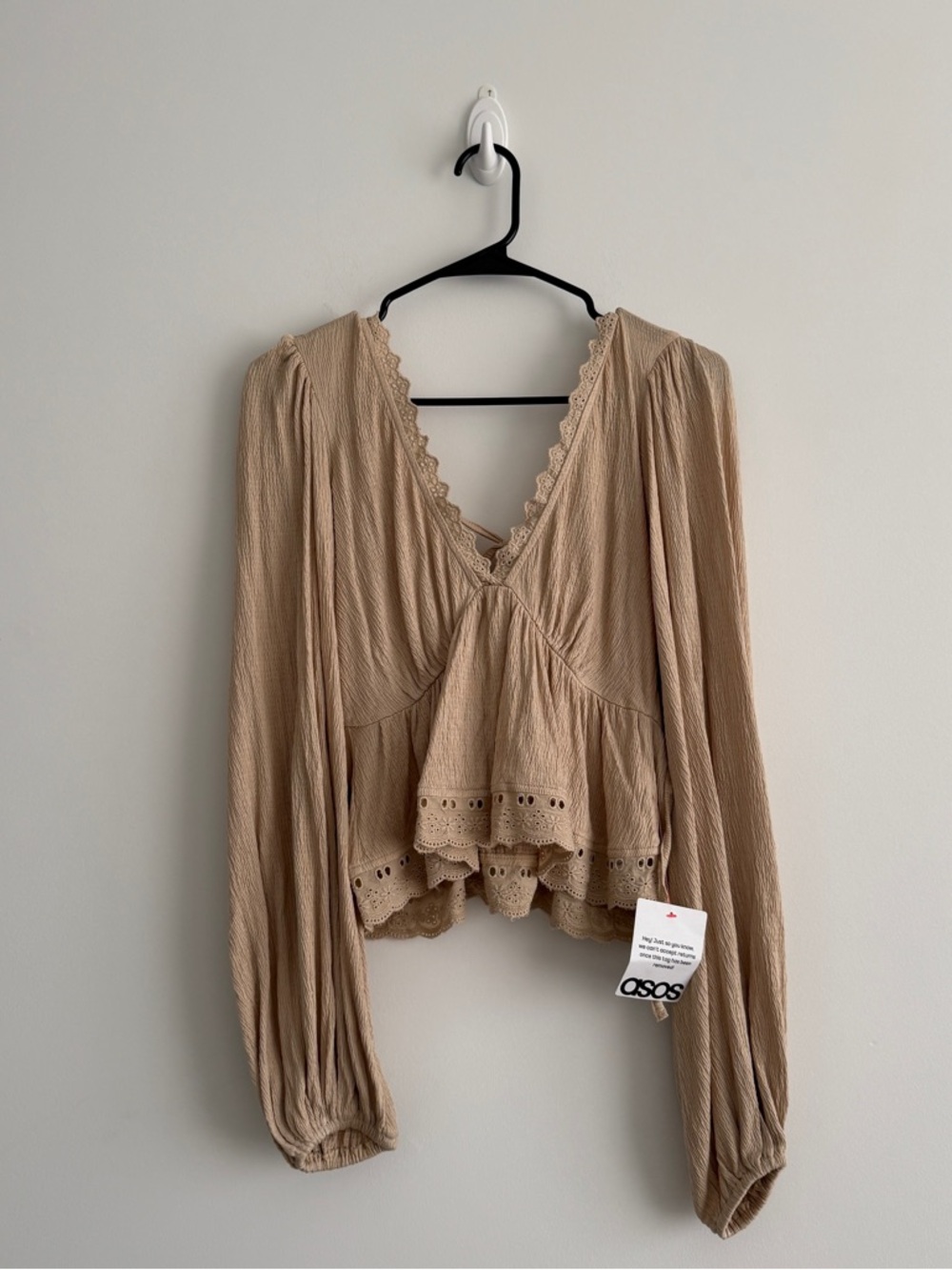 ASOS DESIGN crinkle tie back balloon sleeve top with lace trim in stone